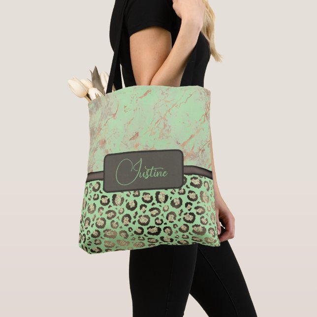 Lime Marble Glittery Gold Leopard Personalized  Tote Bag (Close Up)