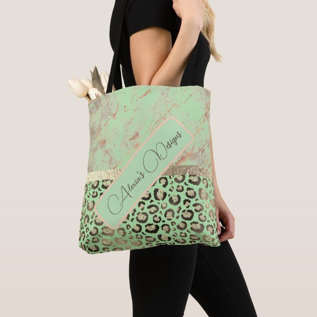 Lime Marble Glittery Leopard Personalized Tote Bag (Close Up)