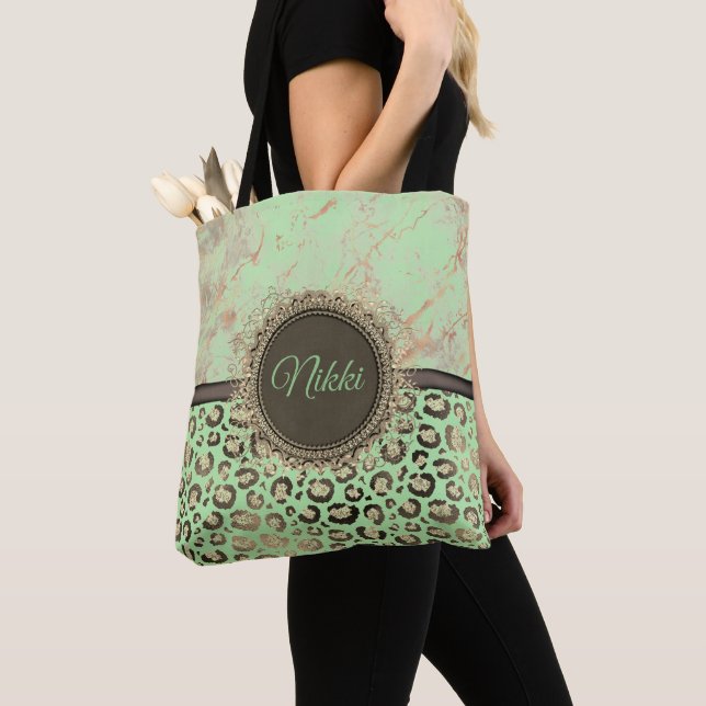 Lime Marble Glittery Leopard Personalized Tote Bag (Close Up)