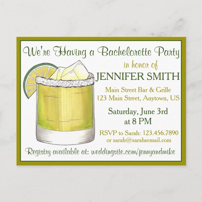 Lime Margarita Cocktail Bachelorette Cinco de Mayo Invitation Postcard (Front)