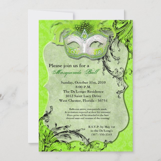 Lime Masquerade Ball Mask Costume Halloween Part Invitation (Front)