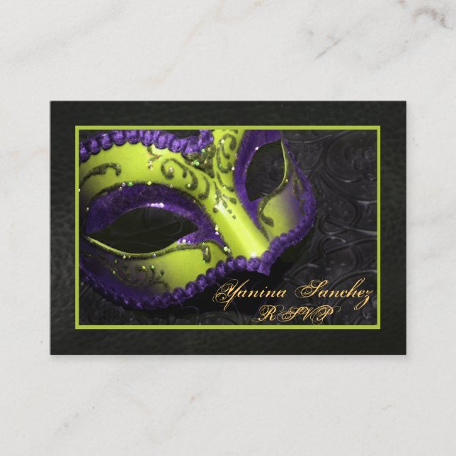 Lime Masquerade RSVP Business Cards (Front)