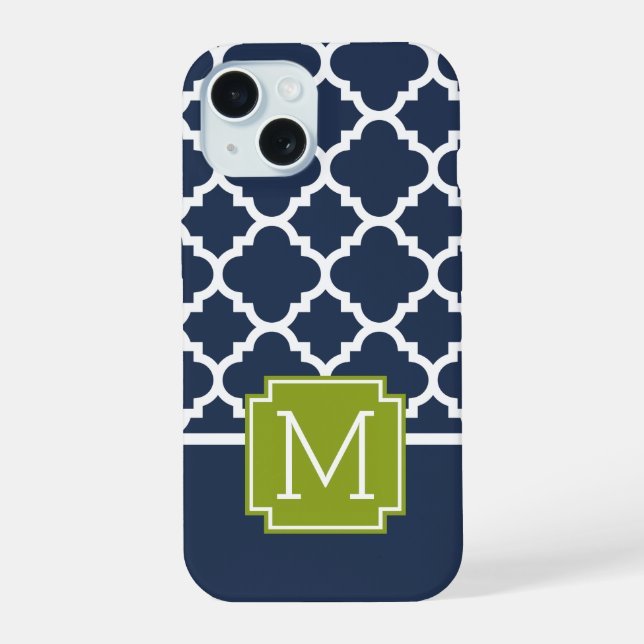 Lime & Navy arabesque Pattern Custom Monogram iPhone 15 Case (Back)