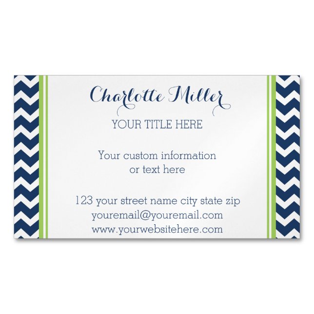 Lime Navy Blue Chevron Magnetic Business Card (Front)