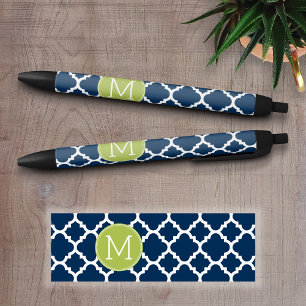 Lime & Navy Geometric Pattern Custom Monogram Black Ink Pen