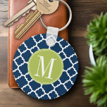 Lime & Navy Geometric Pattern Custom Monogram Keychain<br><div class="desc">A bold,  graphic quatrefoil design in fresh,  cheerful colors. If you need to adjust the monograms,  click on the customize it button and make changes.</div>