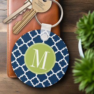Lime & Navy Geometric Pattern Custom Monogram Keychain