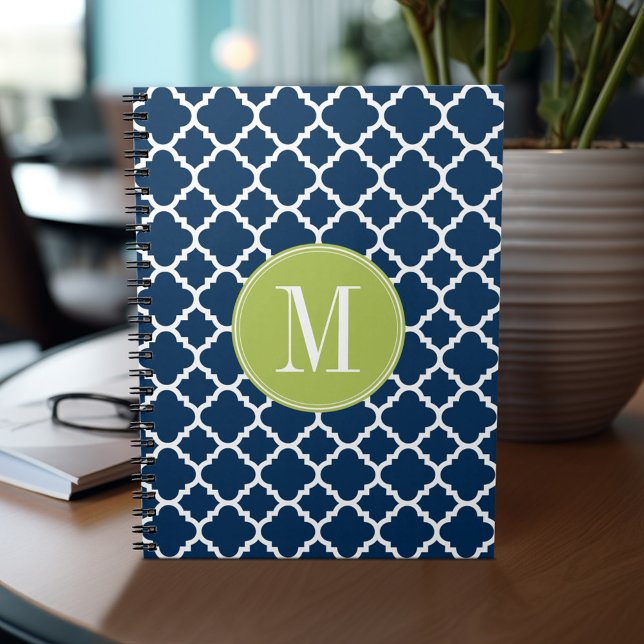 Lime & Navy Geometric Pattern Custom Monogram Notebook (Personalized notebook - add name and custom text)