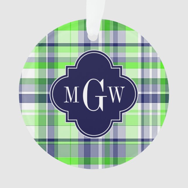 Lime, Navy, Wht Preppy Madras Quatrefoil Monogram Ornament (Front)