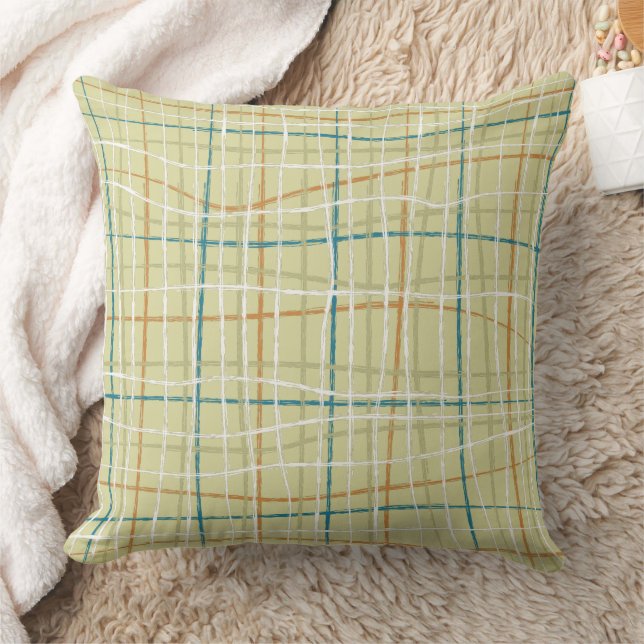 Lime Ochre Teal and Off White Plaid Design Pillow (Blanket)