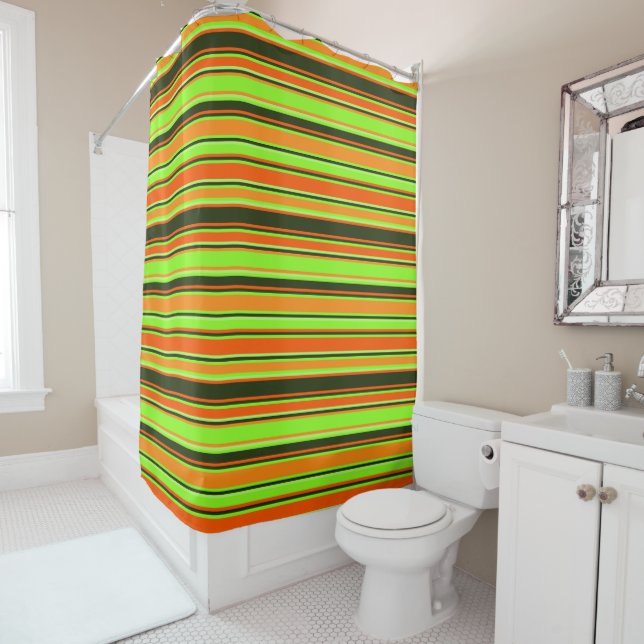 Lime, Orange, & Tangerine Striped Shower Curtain (In Situ)