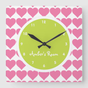 Lime & Pink Heart Print Girl's Bedroom Square Wall Clock