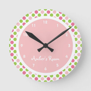 Lime & Pink Polka Dot Kid's Bedroom Round Clock
