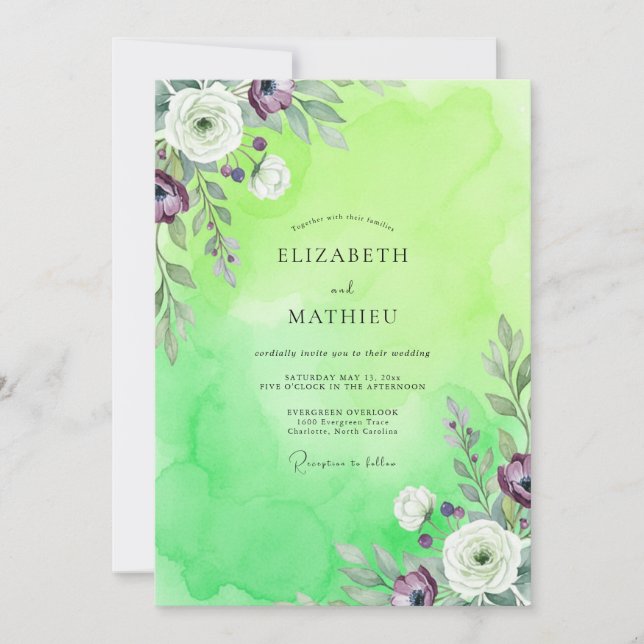 Lime Purple Ranunculus Eucalyptus Wedding Invitation (Front)