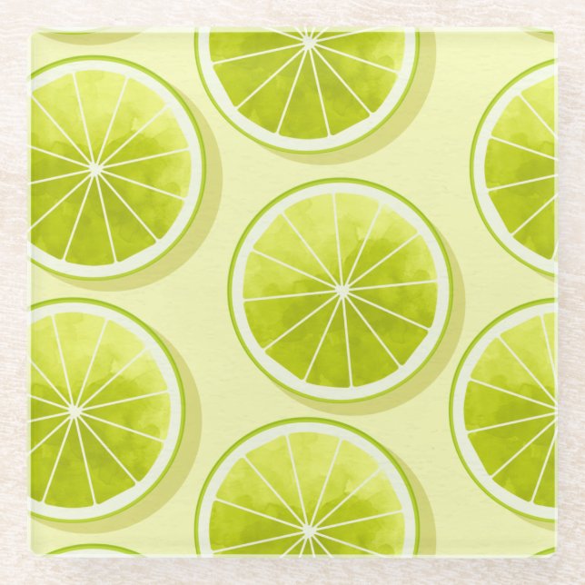 Lime Slices on Light Yellow Glass Coaster (Front)