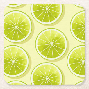 Lime Slices on Light Yellow Square Paper Coaster