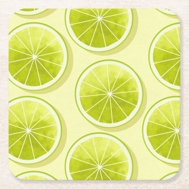 Lime Slices on Light Yellow Square Paper Coaster (Front)
