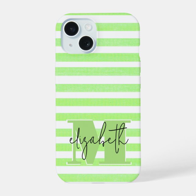 Lime Stripe Monogrammed iPhone 15 Case (Back)