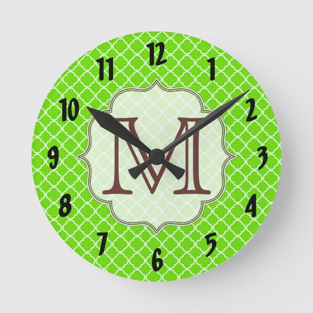 Lime Vert Quart Latti Monogramme Horloge murale (Recto)