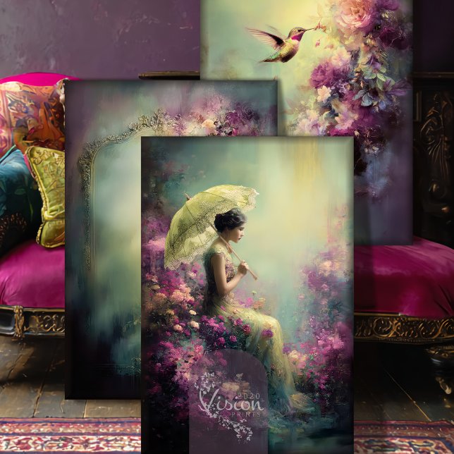 Lime Whispers Ethereal Portrait Bird & Floral Wrapping Paper Sheet (Lime Whispers Heavyweight Decoupage, Elegant Portrait Ethereal Bird & Floral Craft Paper.)