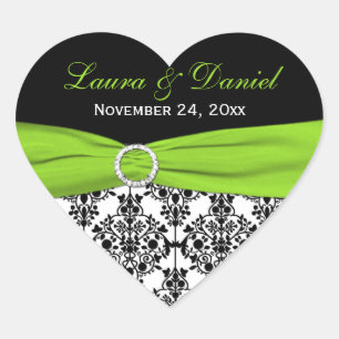 Lime, White, and Black Damask Heart Shape Sticker