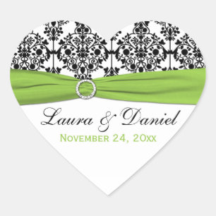Lime, White, and Black Damask Heart Shape Sticker