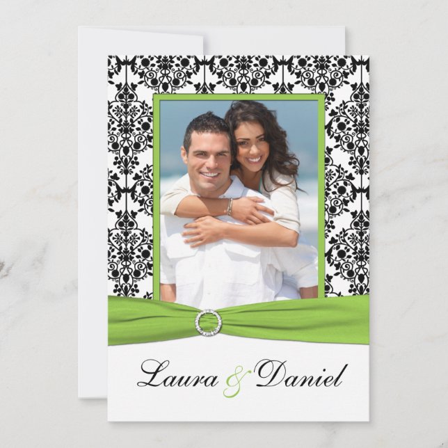 Lime, White, Black Damask Photo Wedding Invite (Front)