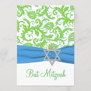 Lime, White, Blue Damask PRINTED RIBBON Invitation