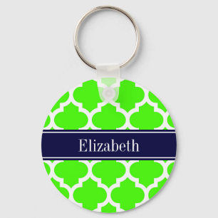 Lime White Moroccan #5 Navy Blue Name Monogram Keychain