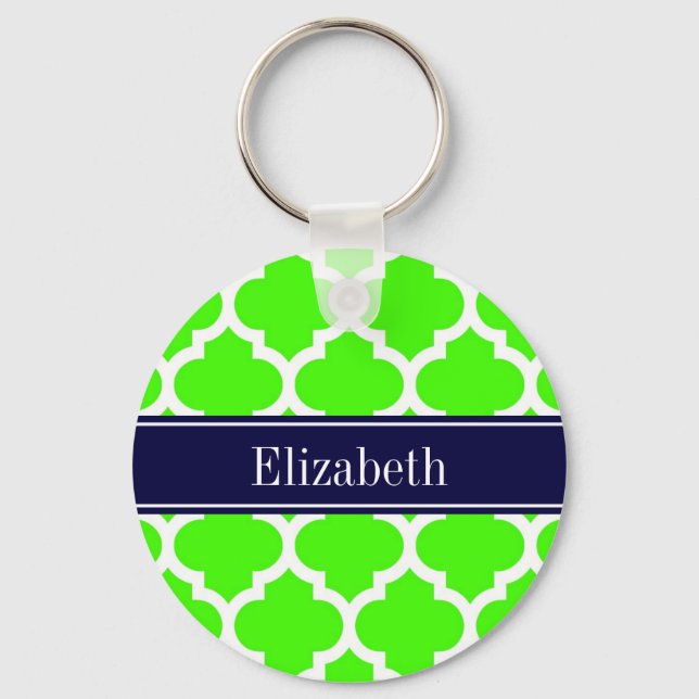 Lime White Moroccan #5 Navy Blue Name Monogram Keychain (Front)