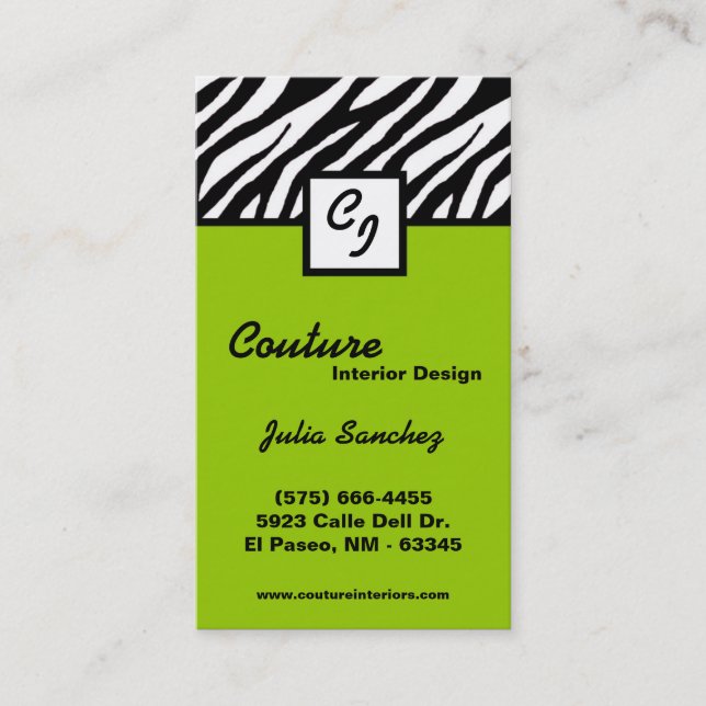 Lime Zebra Print Custom Personalize Business Card (Front)