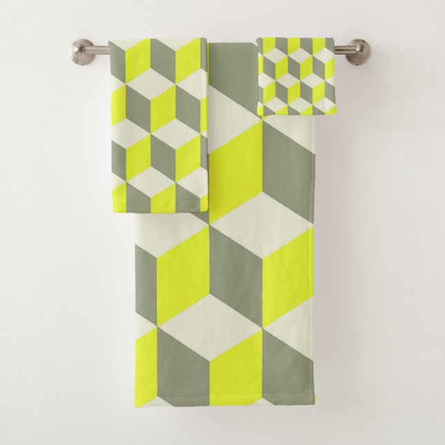 Limelight Yellow And Grey Isometric Cube Patterns Bath Towel Set (Insitu)