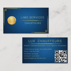 Limo Driver And Chauffeur Service Blue leather QR Business Card