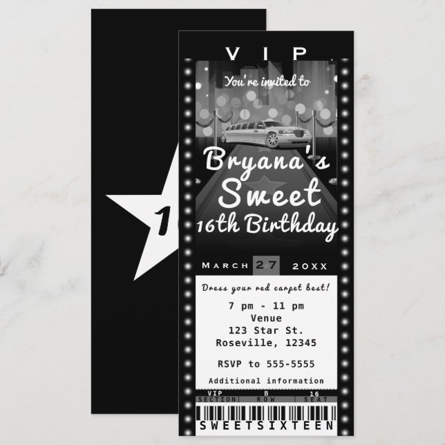 Limo in City Black & White Party Invitation de bil (Devant / Derrière)
