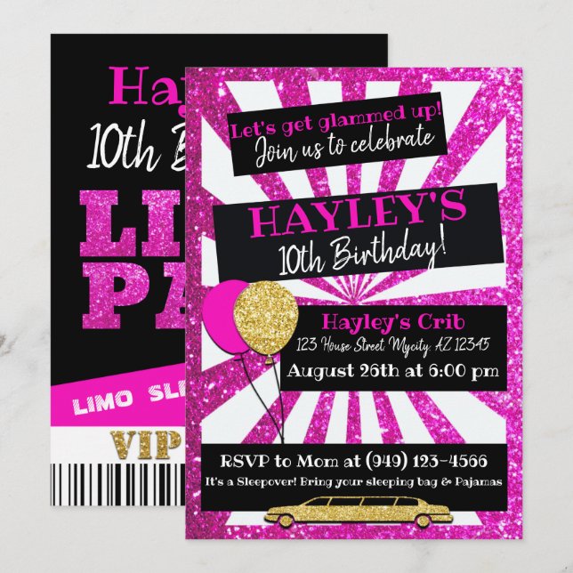 Limo Party VIP Pass Pink & gold Glitter invitation (Front/Back)