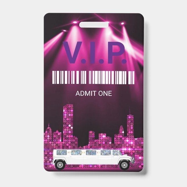 Limo Pass Party Pass, VIP, Invitation, glitter Badge (Front)
