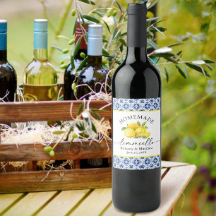Limoncello Calligraphy Watercolor Lemons Blue Tile Wine Label