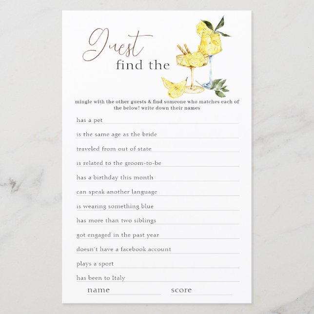 Limoncello Find the Guest Bridal Shower Game (Front)