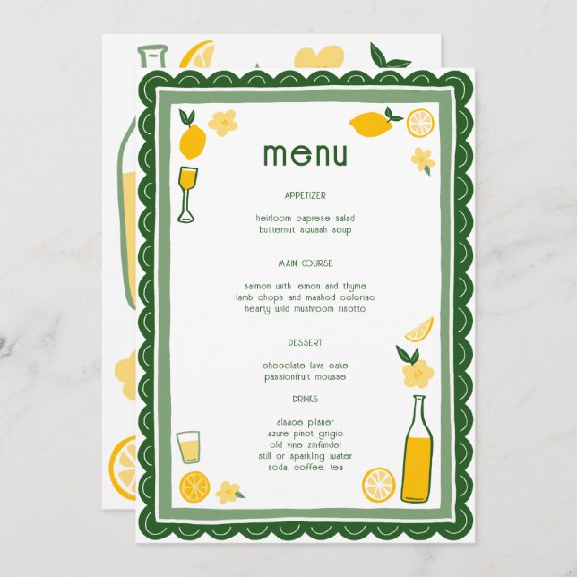 Limoncello Lemonade Lemons CUSTOM Bridal Shower  Menu (Front/Back)
