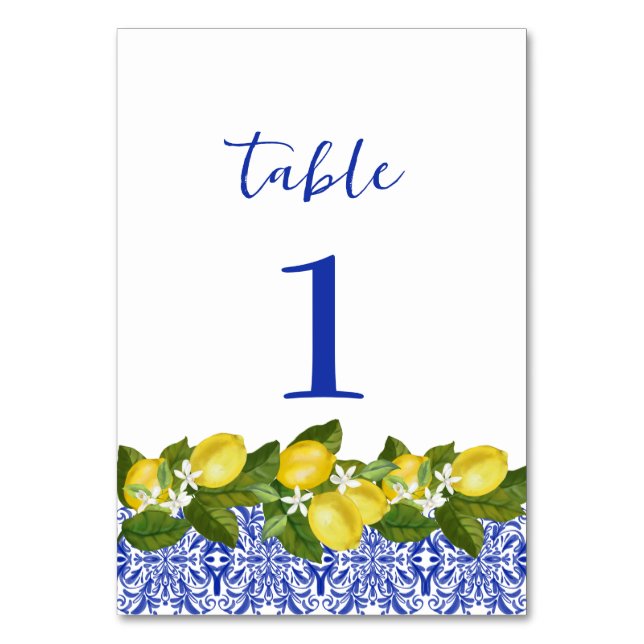 Limone I Italian Lemon & Blue Tile Table Numbers (Front)