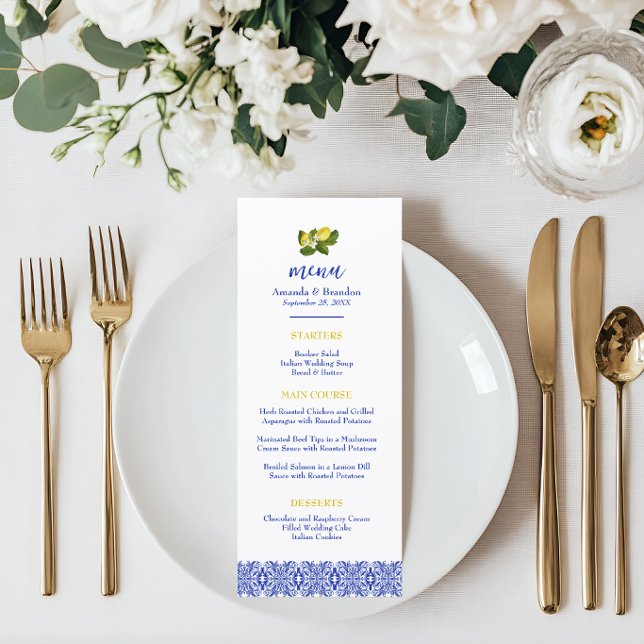 Limone I Italian Lemon & Blue Tile Wedding Menu (Amalfi Coast Menu)