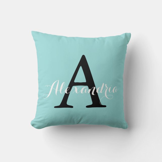 Limpet Shell Aqua Blue Green Solid Colour Monogram Throw Pillow (Front)