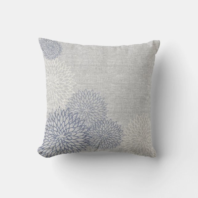 Lin bleu et gris Coussin décorateur floral (Recto)