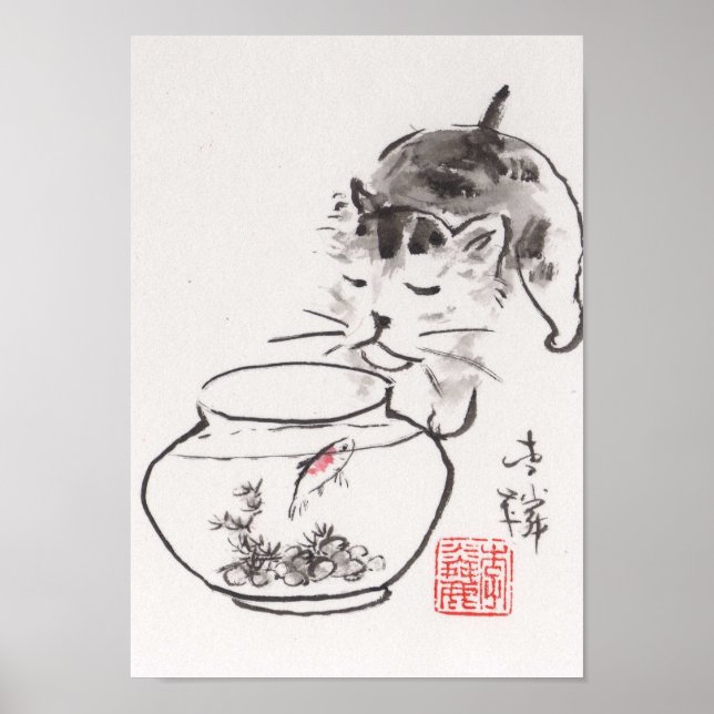 Lin Li's Art Print: Cat and Godfish Poster (Front)