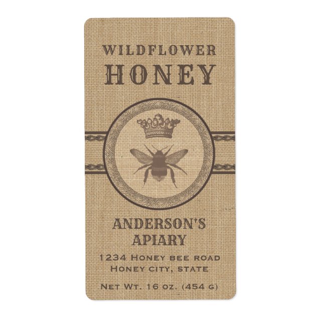 lin vintage rustique queen bee miel pot étiquette (Devant)