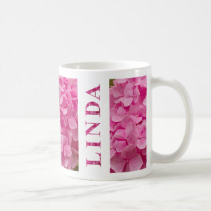 "Linda" in Elegant Pink Hydrangea Floral Lettering Coffee Mug
