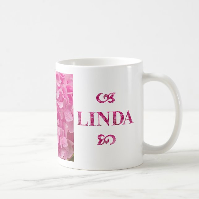 "Linda" Name, Cute Pink Hydrangea Floral Lettering Coffee Mug (Right)