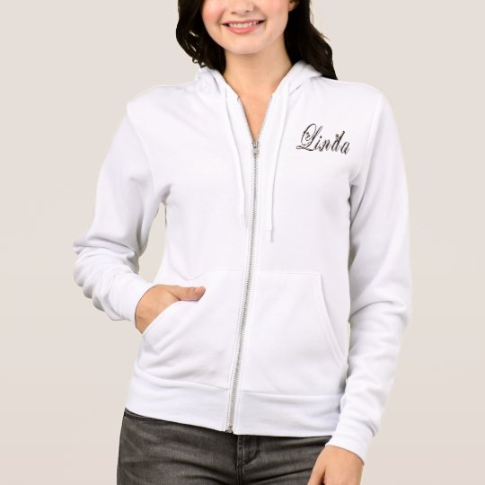 Linda, Name, Logo, Ladies White Zipped Hoodie. Hoodie