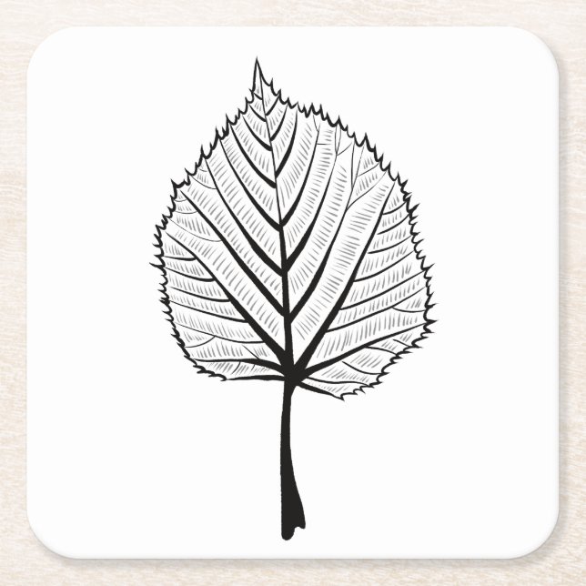 Linden Leaf Outline Art - Botanical Colouring Square Paper Coaster (Front)