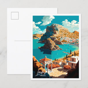 Lindos Greece Art Vintage Travel Illustration Postcard